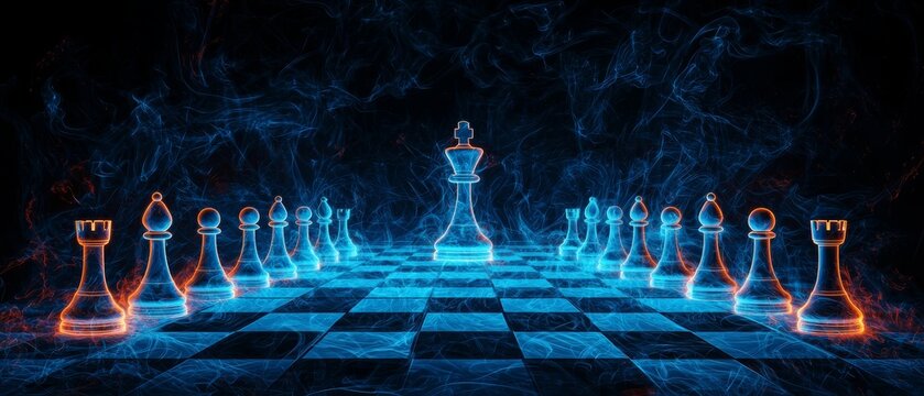 Chessboard with intricate moves and glowing pieces symbolizing logical strategy and critical thinking emphasizing the timeless connection between logic and mastery