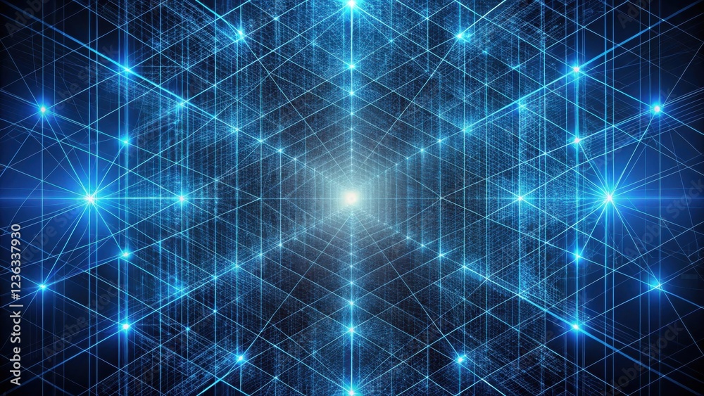 Poster Abstract digital grid with glowing blue lines and stars creating a depth of field and a sense of infinity