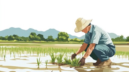 Man Planting Rice in Flooded Field Surrounded by Lush Landscape