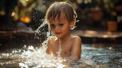 Obraz premium A moment-in-time of a child playing with water in a backyard fountain