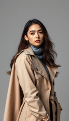 Naklejka premium horizontal image of stylish girl with trench coat on shoulder looking at camera isolated on grey, hyperrealism. isolated with white shades