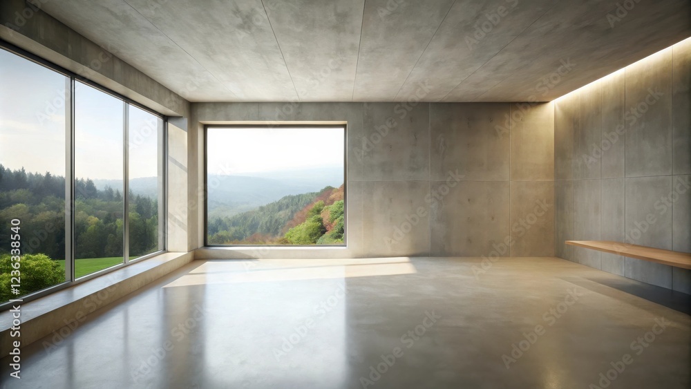 Poster modern minimalist room with expansive window view of lush greenery