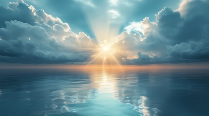 An artistic vision of sunlight breaking through the clouds over a calm sea