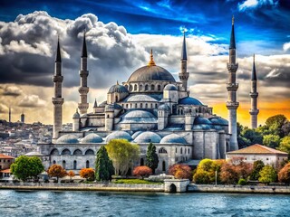 Naklejka premium Blue Mosque from the Bosphorus: A Vintage Perspective