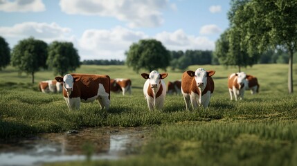 Obraz premium Red And White Cows Grazing In A Lush Green Pasture