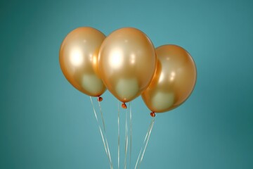 Group of five metallic gold helium balloons with attached strings, suitable for various celebrations and events.