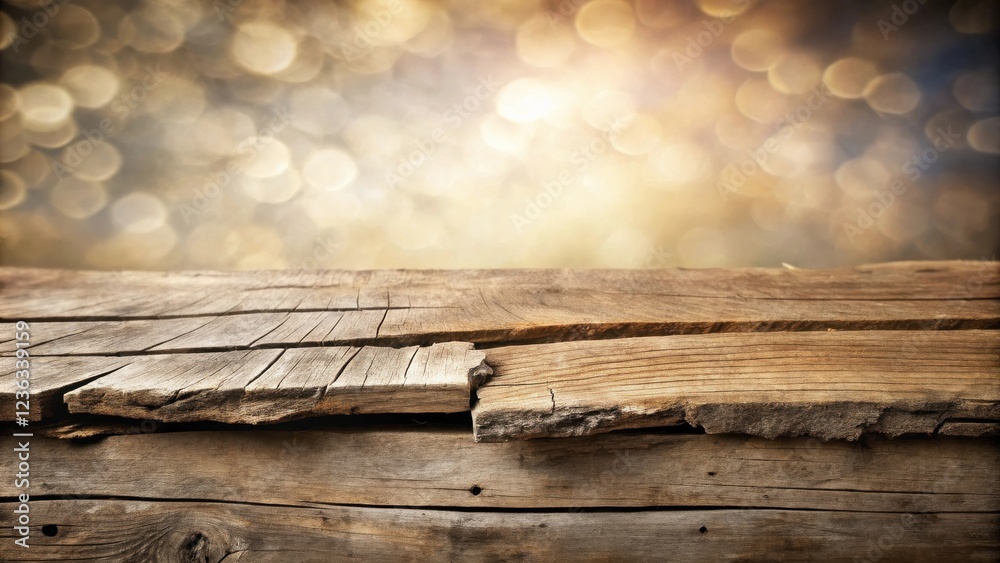 Poster rustic wooden table with a warm, blurred background of golden bokeh lights.