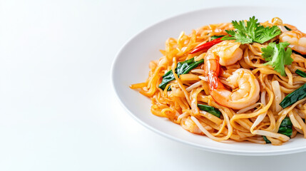 Delicious Asian stir fried noodles with shrimp, vegetables, and herbs, served in white bowl. vibrant and appetizing dish perfect for any meal