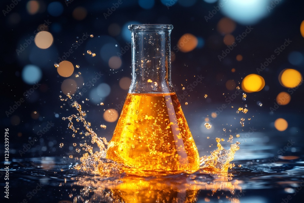 Aufkleber Erlenmeyer flask with orange liquid splashing in laboratory setting