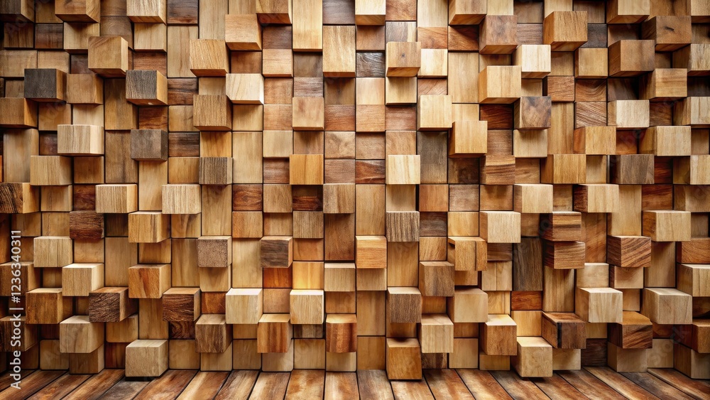 Fototapete A textured wall of various sized wooden blocks arranged in a staggered pattern, creating a dynamic and inviting background