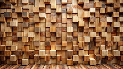 A textured wall of various sized wooden blocks arranged in a staggered pattern, creating a dynamic and inviting background