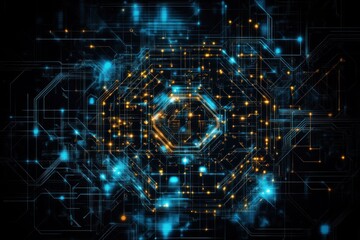 Abstract digital circuit board, glowing blue and orange, suitable for a tech background