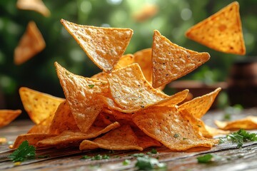 Fototapeta premium Nachos falling onto a pile on a wooden table outdoors with blurred greenery background