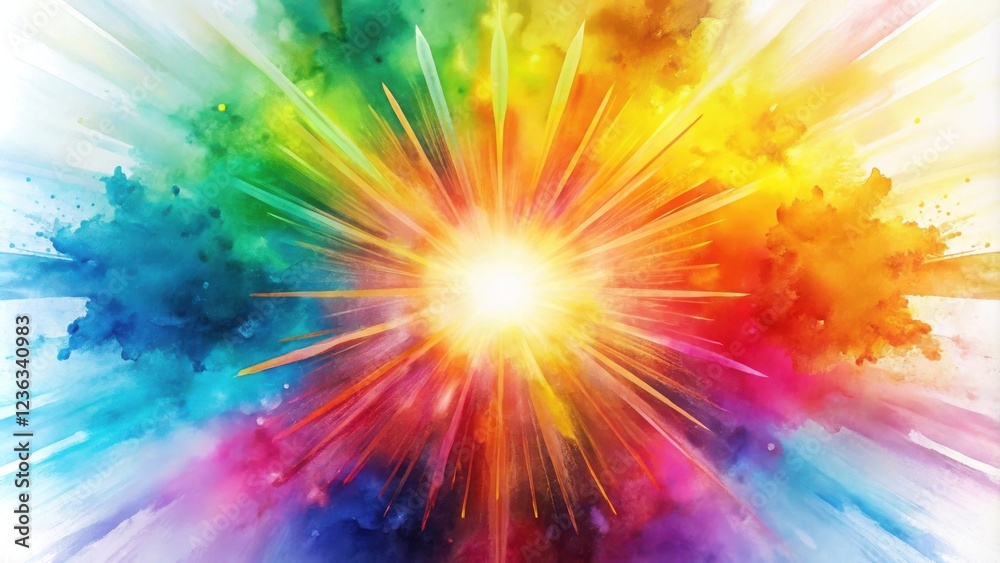Poster a radiant burst of colorful light emanating from a central point surrounded by a hazy watercolor eff