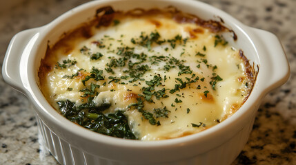 Baked eggs with spinach and feta cheese, served with a side of whole grain toast.