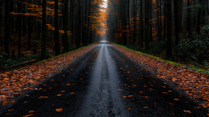 Naklejka premium Autumnal road through forest, misty day, leaves. Use travel, nature