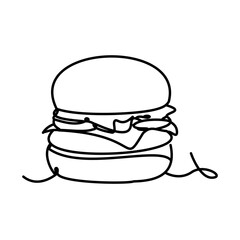 A modern drawing of a hamburger designed with a single continuous line on a white background.