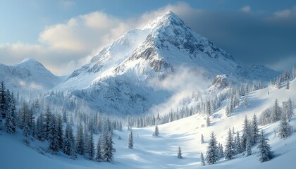 Fototapeta premium Majestic Winter Mountain Scene Snow Covered Peaks And Trees