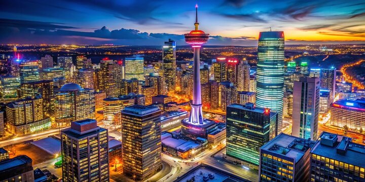 Calgary Downtown Skyline Aerial View: Bokeh Night Photography, Alberta, Canada