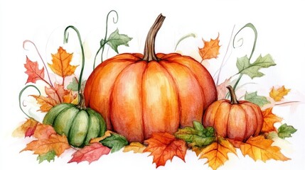 Watercolor autumn composition with pumpkins and leaves.