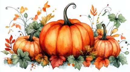 Watercolor autumn composition with pumpkins and leaves.