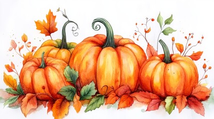 Watercolor autumn composition with pumpkins and leaves.