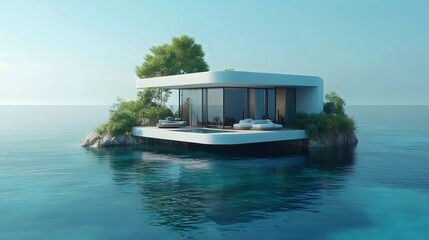 Fototapeta premium A small white house is floating on a body of water