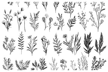 Medicinal herbs sketches in hand-drawn style, vector flowers, meadows, and weeds in vintage botanical design, engraved summer plants background.