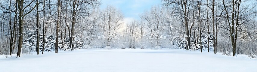 A serene winter landscape featuring snow-covered trees and a tranquil pathway, inviting a sense of peace and solitude. calming rhythms serenity patterns concept