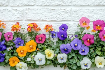 Fototapeta premium Colorful Pansies Against White Brick Wall