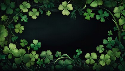 border frame green clovers on black background with copy space; st patrick's day holiday concept
