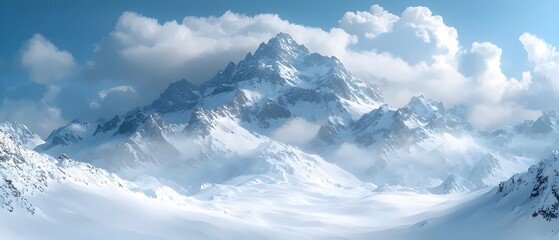 Obraz premium A breathtaking view of snow-covered mountains under a clear blue sky, showcasing majestic peaks and a serene winter landscape. The scene evokes a sense of tranquility and adventure.