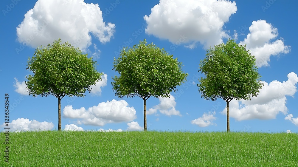Wall mural lush greenery with three trees under a bright blue sky filled with fluffy clouds, creating a serene 