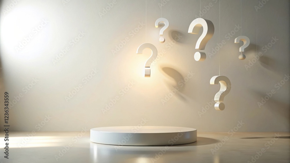 Aufkleber a circular platform sits beneath a series of hanging question marks, casting shadows on a pale wall,