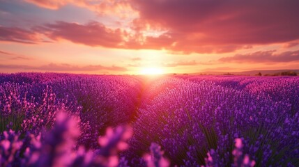 An artistic capture of a field of lavender under a golden sunset 