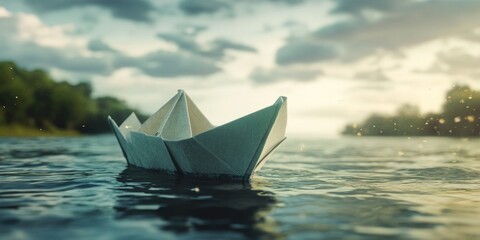 Obraz premium Handcrafted paper boat floating on calm water, symbolizing peace and traditional arts. Recycling can turn simple materials into a meaningful creation.