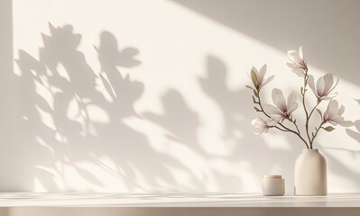 An empty, clean, and peaceful table set up for product presentation. On the wall, there are shadows of magnolia flowers against a white background, with soft, daytime lighting creating a minimal,
