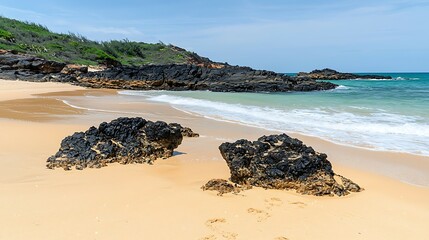 Scenic beach view with gentle waves, black rocks, and lush greenery in the background under a clear blue sky. calming rhythms serenity patterns concept