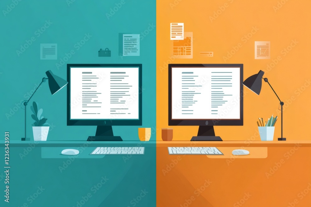 Leinwandbilder Two computer monitors showing code on split screen background illustrating programming and software development