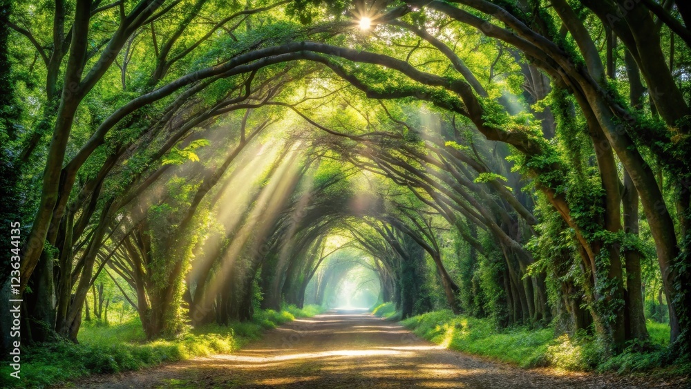 Poster A Sunlit Path Through A Canopy Of Trees, With Rays Of Light Streaming Through The Foliage, Creating A Mystical And Enchanting Atmosphere