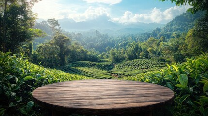 Empty wooden table overlooking tea plantation landscape