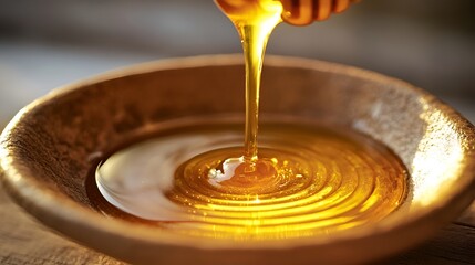 Honey pouring into a ceramic dish with a warm amber glow and rippling texture.