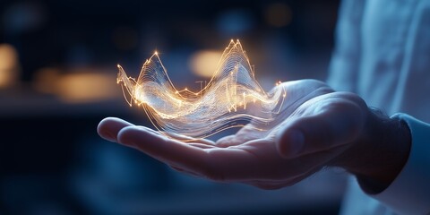 Financial Data Projection. Glowing Orange Digital Graph Above an Open Palm. Abstract Investment and Business Growth Representation. Futuristic Data Flow on a Dark Background.