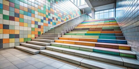 A Modern Staircase With Colorful Tile Inlays Against A Wall Of Tiles With Various Hues