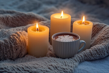 Winter Cozy Scene with Hot Chocolate, Burning Candles, and Soft Knitted Blanket Creating a Warm and Relaxing Atmosphere