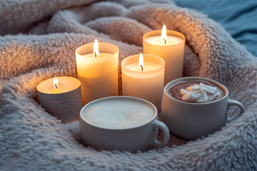 Winter Cozy Scene with Hot Chocolate, Burning Candles, and Soft Knitted Blanket Creating a Warm and...