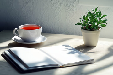 Peaceful Morning Scene with a Cup of Tea, Sketchbook, and Potted Plant by a Sunlit Window
