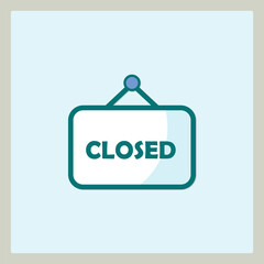 Closed sign icon with rounded corners and a teal border displayed on a soft blue background