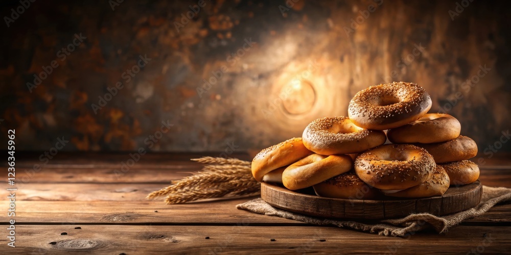 Poster a stack of freshly baked bagels with sesame seeds on rustic wooden table with wheat sheaf