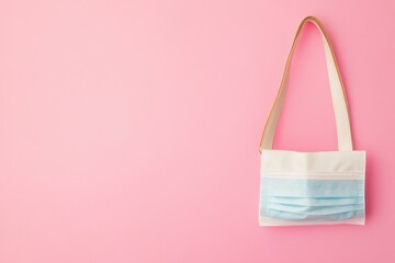 Reusable Tote Bag with Face Mask on Pink Background